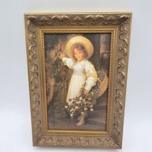 Vintage Victorian Garden Print girl flowers basket Goetze gold ornate frame